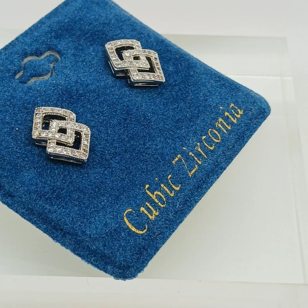 Vintage 1990s‎ Cubic Zirconia Interlocking Square Stud Earrings Silver Tone Rare